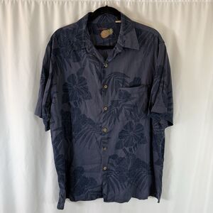 Caribbean 100% Silk Hawaiian Shirt Mens Large Blue Floral Short Sleeve Button Up